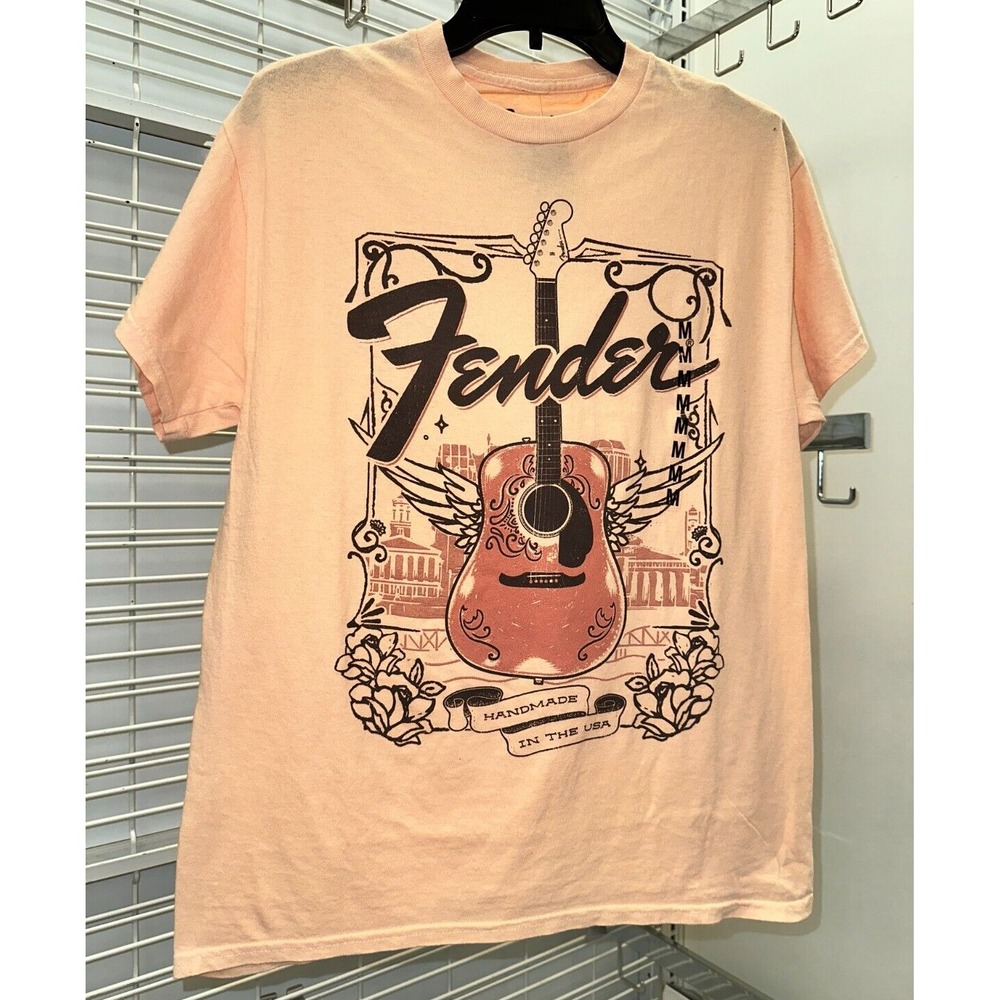 Fender Womens T- Shirt Medium Orange & Pink Flying Wing Guitar Graphic Tee NWOT‎